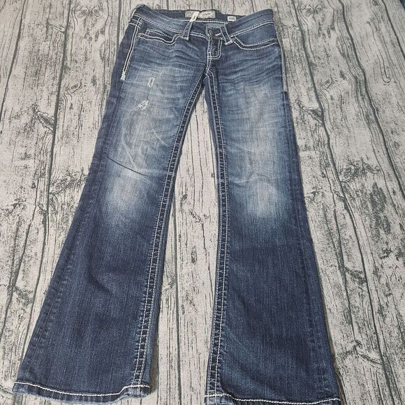 BKE Jeans Womens 30X31 Blue Stella Flare Bootcut Distressed Mid Rise Zip City - Picture 3 of 12